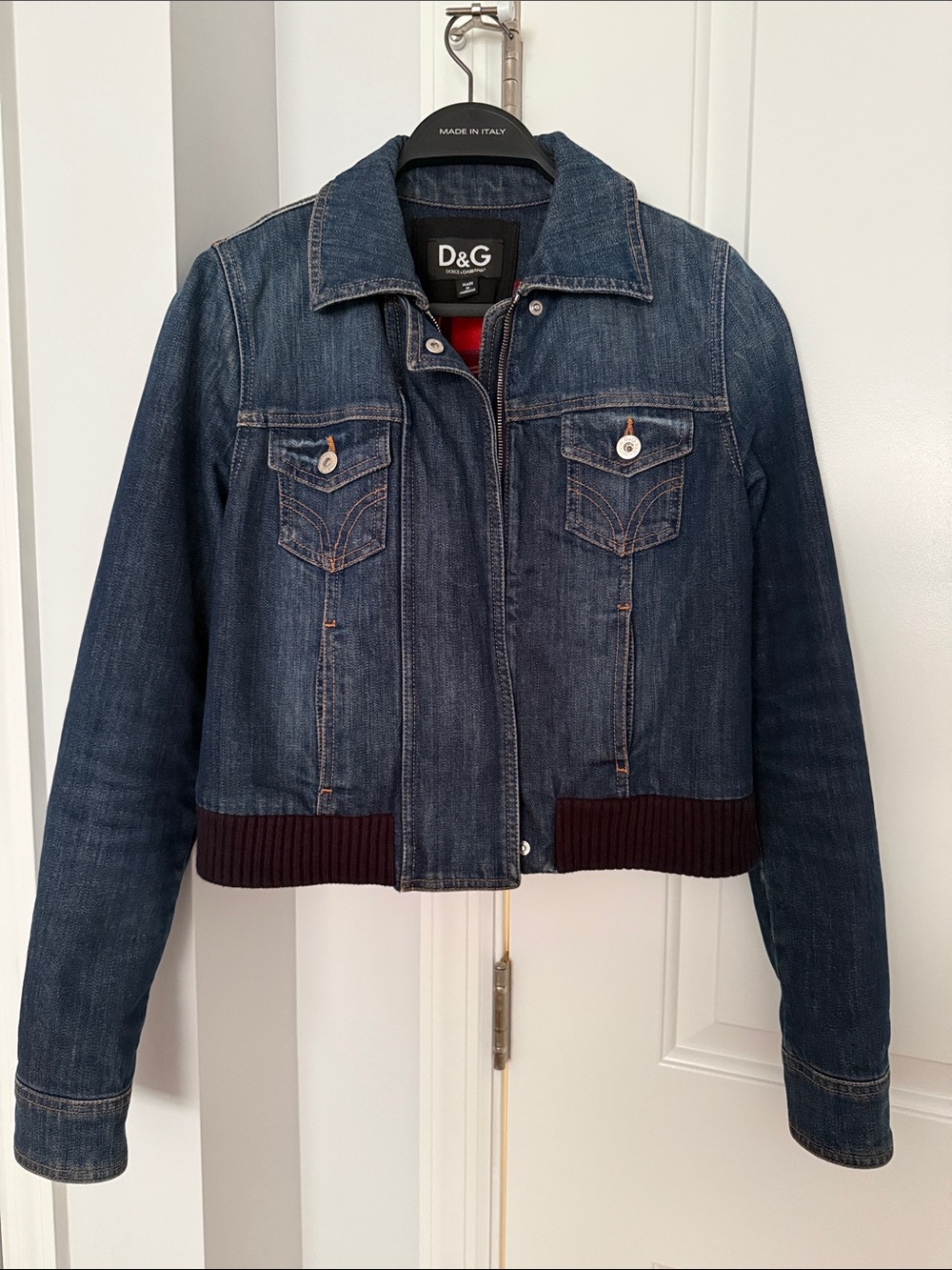 D&G Women's Blue Denim Jacket with Dark Ribbed Hem. Size 40. Fits size 2 us
